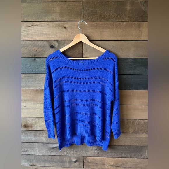 Vintage Blue Knit Sweater Open Knit Lightweight Boat Neck Pullover - Picture 3 of 8